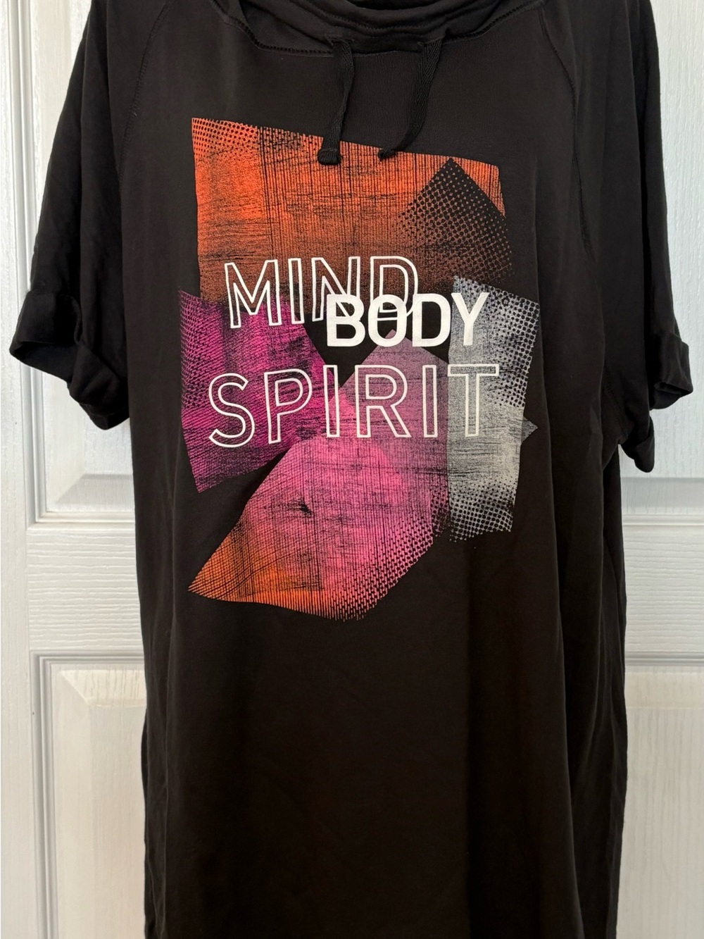 Mind Body Spirit Graphic Tee - 2X Woman’s cowl neck,Black/Pink/Orange, NWOT